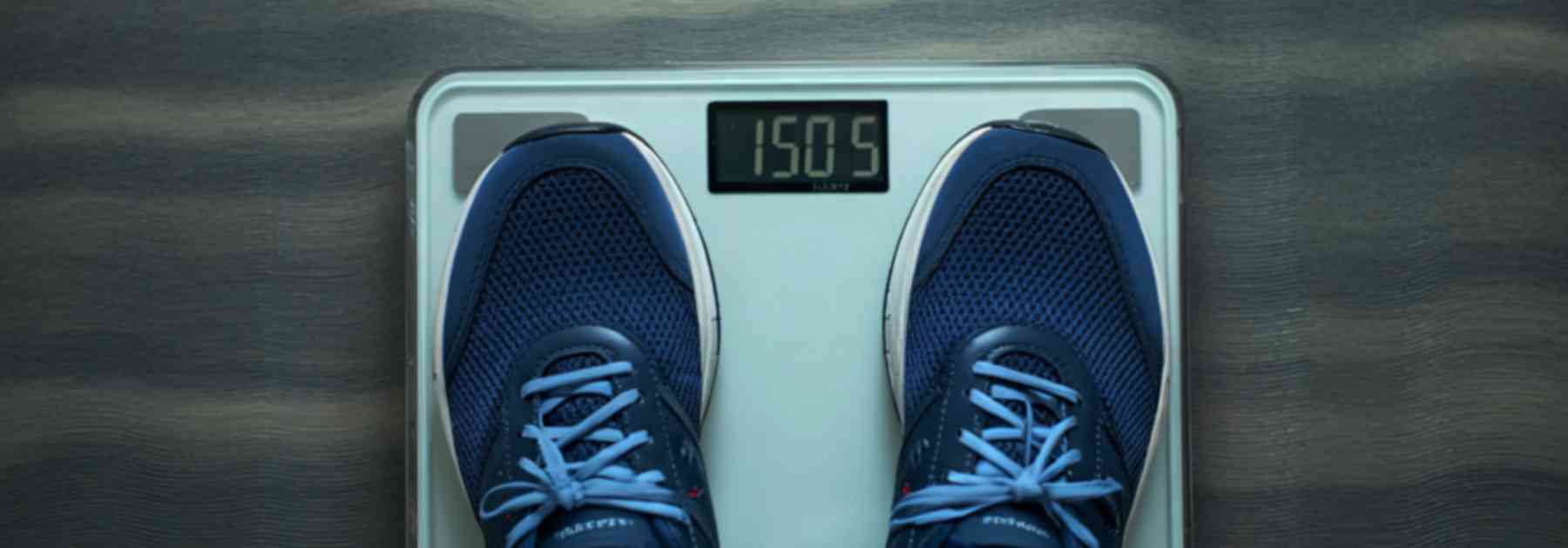 person in blue shoes standing on scales